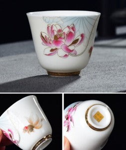 Dehua Fat Mutton Jade Porcelain Tea Cup 50ml Hand Drawing Floral Fish Painted