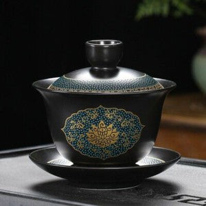 Chinese Tea Set Classical Gaiwan Cup Black Clay 180ml Traditional Handmade Bowl