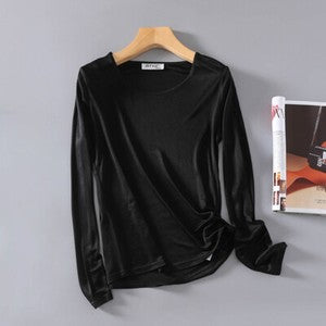Womens lingerie Mulberry Silk Knitted Round Neck T Shirt Undershirt Long Sleeve
