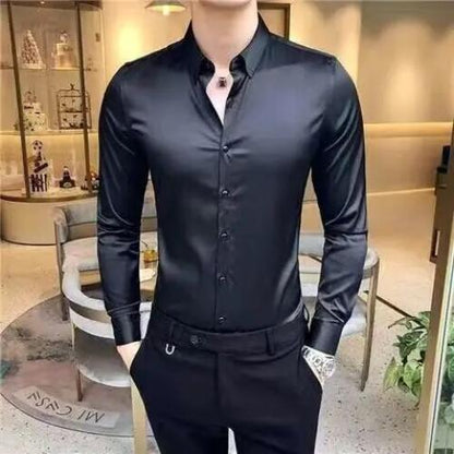 Camisa Ajustada De Seda De Hombres Ropa De Vestir Larga A Cuadros Elegante