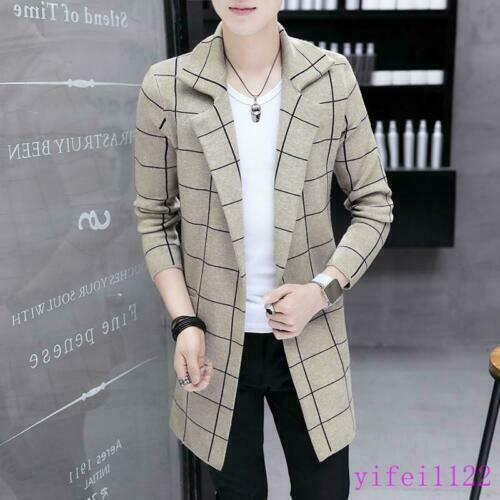 Mens Kint Cardigan Sweater Checks Korean Long Slim Lapel Outwears Coats Jackets