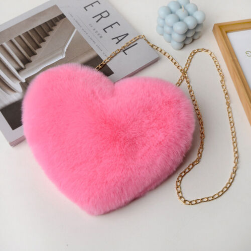 Womens Heart Shape Faux Fur Bag Shoulder Handbag Crossbody Bag Purse Zipper