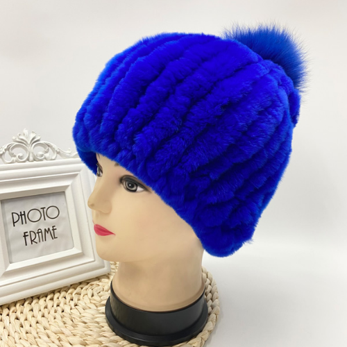 Hot Sale Knitted Pompom Hats Women Beanies Elastic Rabbit Fur Caps Real Fur Hats
