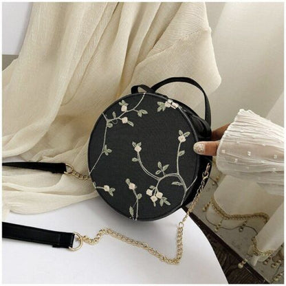 Small Flower Print Chain Shoulder Bag Lace Round Handbags Leather Crossbody Bags