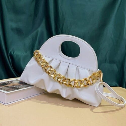 Handbag Thick Chain Handle Pleated Shell Bag Clutch Purses Crossbody Long Belt