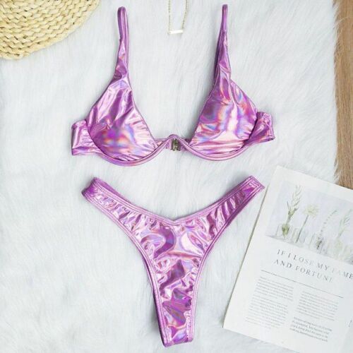 Women Swimsuit V-bar Underwired Ribbed Thong Swimwear Two-pieces Bikini Push Up
