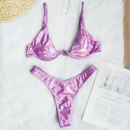 Women Swimsuit V-bar Underwired Ribbed Thong Swimwear Two-pieces Bikini Push Up