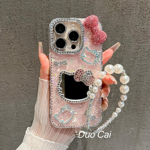 For iPhone 17 Pro Max/16/15 Cute Bling Mirror Girl Case Cover w/ Chain