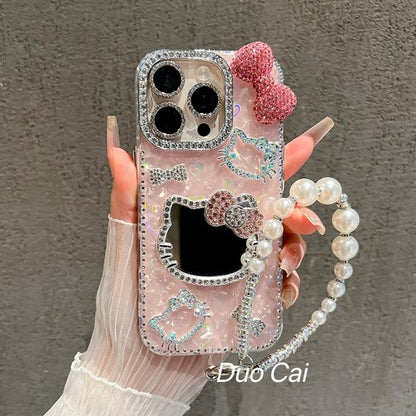 For iPhone 17 Pro Max/16/15 Cute Bling Mirror Girl Case Cover w/ Chain