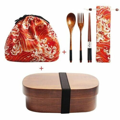 Wooden Lunch Box Picnic Japanese Bento School Kids Dinnerware Set Bag Spoon Fork