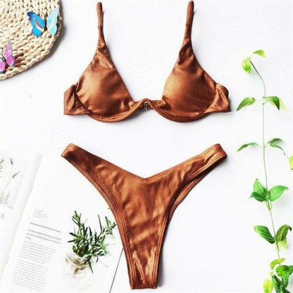 Women Swimsuit V-bar Underwired Ribbed Thong Swimwear Two-pieces Bikini Push Up