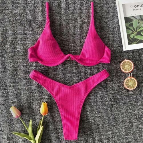 Women Swimsuit V-bar Underwired Ribbed Thong Swimwear Two-pieces Bikini Push Up