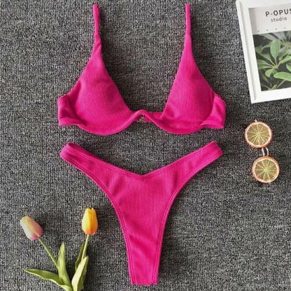Women Swimsuit V-bar Underwired Ribbed Thong Swimwear Two-pieces Bikini Push Up