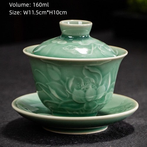 boutique gaiwan longquan celadon porcelain tureen shadow carved Sancai bowl lid