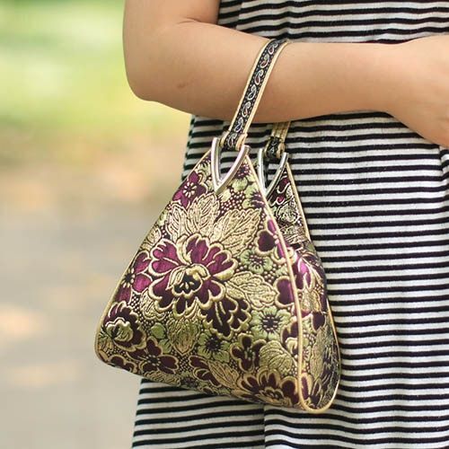 Flowers Embroidery Small Handbag Shopper Purse Triangle Bag Clutch 20*16*6 CM