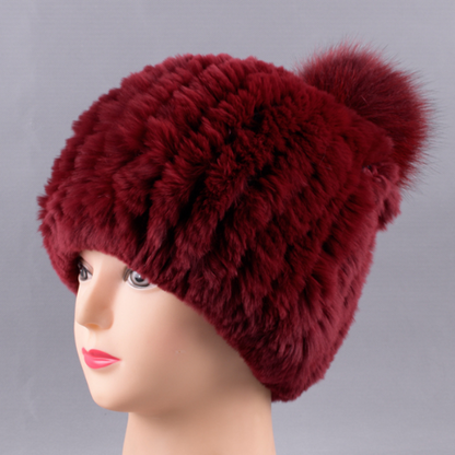 Hot Sale Knitted Pompom Hats Women Beanies Elastic Rabbit Fur Caps Real Fur Hats