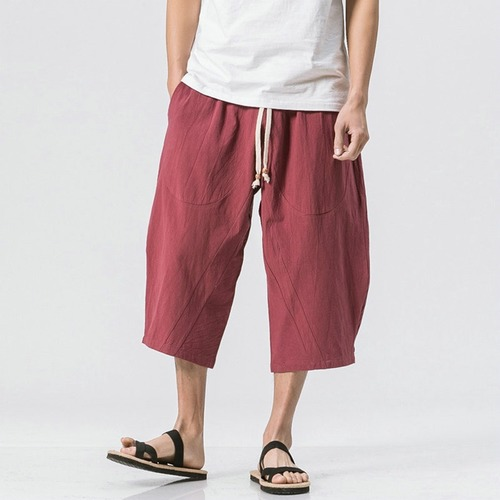 Man Cotton Linen Leg Pants Loose Calf-Length Pants Bloomer Summer Baggy Trousers