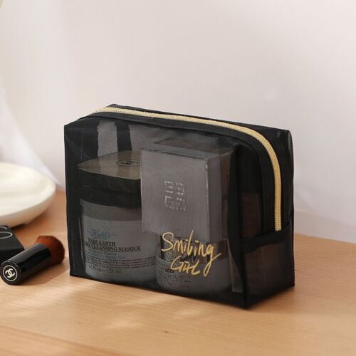 Black Mesh Cosmetic Bag Toiletry Makeup Transparent Traveling Brushes Organizer