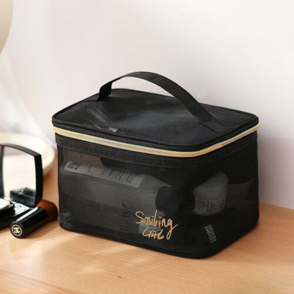 Black Mesh Cosmetic Bag Toiletry Makeup Transparent Traveling Brushes Organizer
