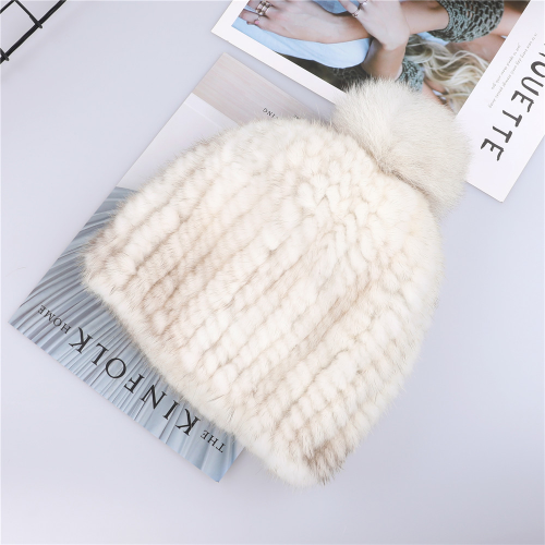 Real Mink Fur Hat Women Knitted Beanie Cap with Fur Pom Poms Thick Cap Elastic