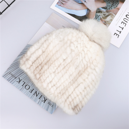 Real Mink Fur Hat Women Knitted Beanie Cap with Fur Pom Poms Thick Cap Elastic