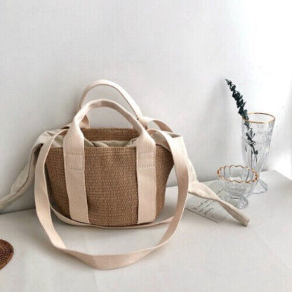 Straw Bags Women Handmade Woven Basket Tote Beach Bags Canvas Handbags