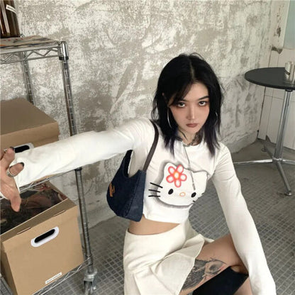 Hello Kitty cute Long Sleeved T Shirt Sexy Printed Round Neck Women Y2K Slim Top