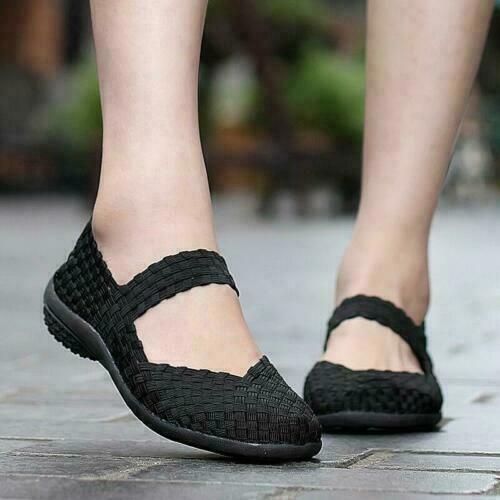 Women Slip On Walking Shoes Woven Elastic Mary Jane Flat Lightweight Fashion