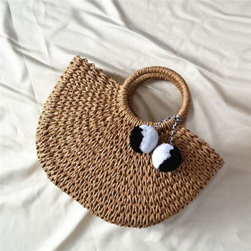 Handmade Bags Pompon Beach Weaving Straw Bag Wrapped Beach Moon Shaped Purses
