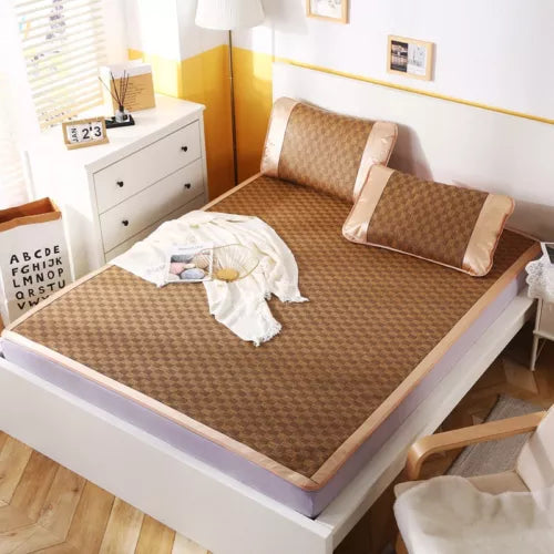 Summer Sleeping Rattan Bed Mat Foldable Nature Bamboo Cool Bed Mat +Pillowcase