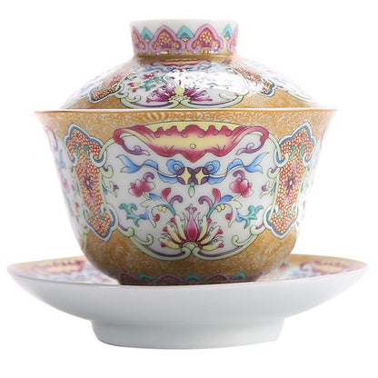 Antique Style Color Enamel Porcelain Gaiwan Handpainted Ceramic Tureen Cup Bowl