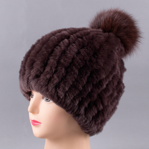Hot Sale Knitted Pompom Hats Women Beanies Elastic Rabbit Fur Caps Real Fur Hats