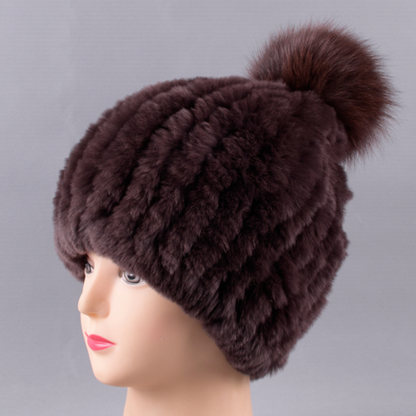 Hot Sale Knitted Pompom Hats Women Beanies Elastic Rabbit Fur Caps Real Fur Hats