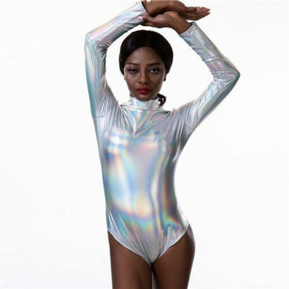 Women Bodysuit Long Sleeve O-neck Wet Look Back Zipper Skinny Playsuits Jumpsuit
