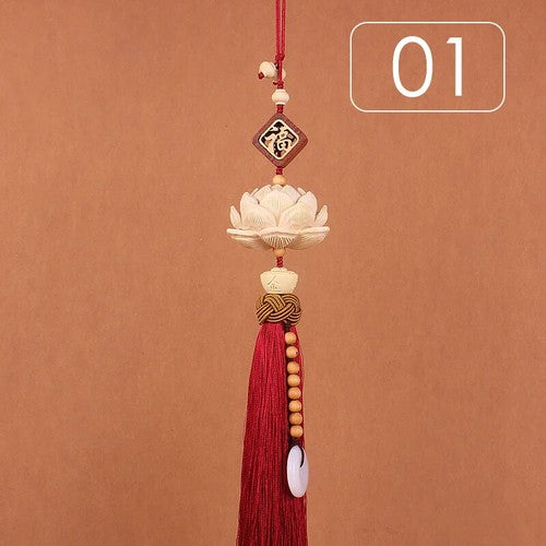 Chinese Style Lucky Fu Wooden Carved Lotus Buddha Statue Pendant Creative Home