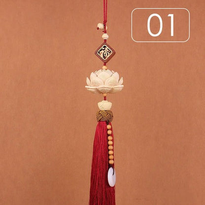 Chinese Style Lucky Fu Wooden Carved Lotus Buddha Statue Pendant Creative Home