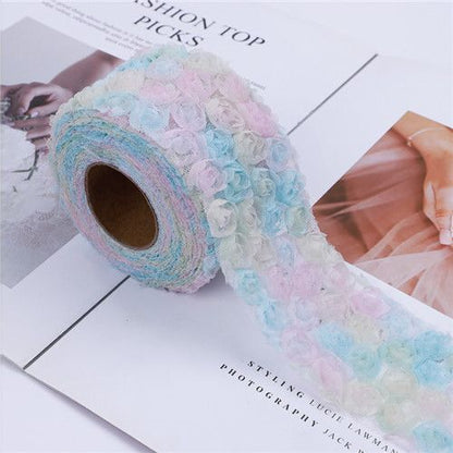 Party Decoration 5Yards DIY Rose Lace Fabric 3D Chiffon Flower Embroidered Decor
