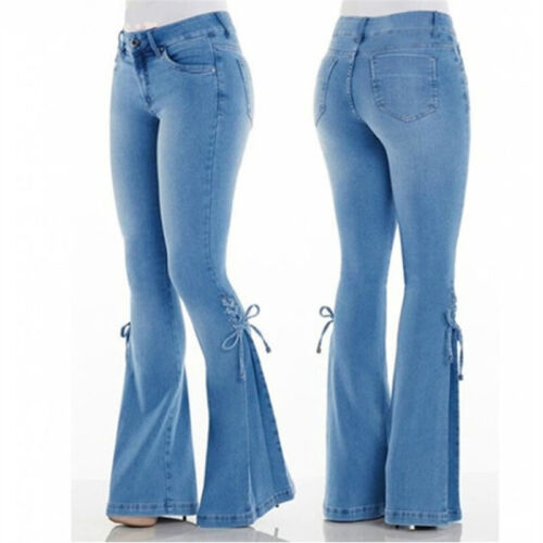 Slim Fit Trousers Womens Bowknot Flared Jeans Bell Bottoms Stretch Denim Pants