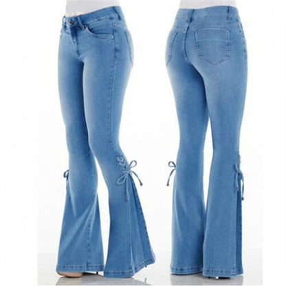 Slim Fit Trousers Womens Bowknot Flared Jeans Bell Bottoms Stretch Denim Pants
