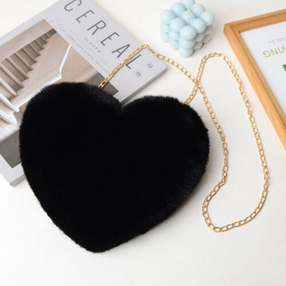 Womens Heart Shape Faux Fur Bag Shoulder Handbag Crossbody Bag Purse Zipper