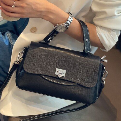 Beige Handbag Genuine Cow Leather Shoulder Bag Flap Elegant Real Leather Handbag