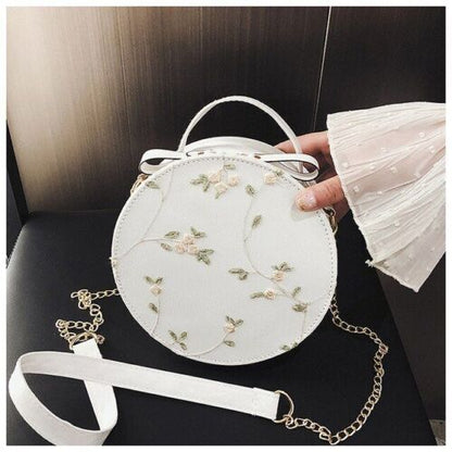 Small Flower Print Chain Shoulder Bag Lace Round Handbags Leather Crossbody Bags