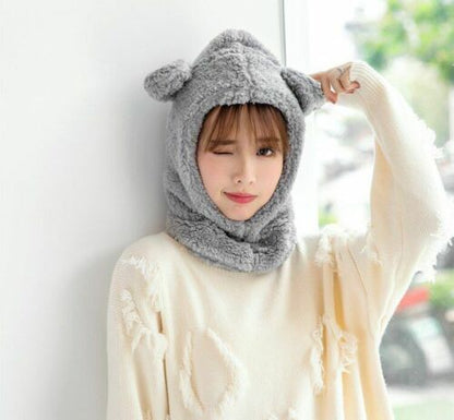 Warm Hats Winter Cute Bear Ears Windproof Neck Scarf Cap Student Women Cashmere