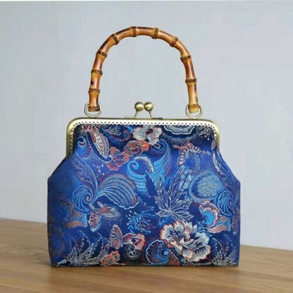 Bamboo Lock Shell Bag Vintage Flower Bag Chain Shoulder Crossbody Handmade Purse