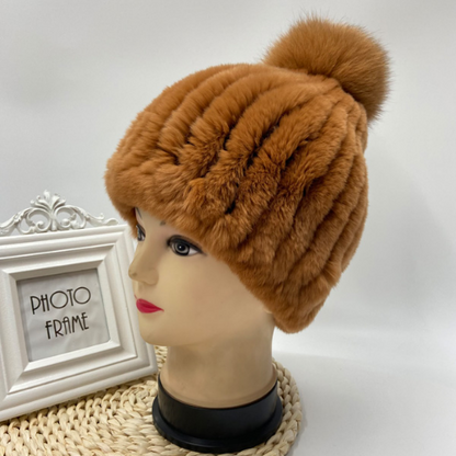 Hot Sale Knitted Pompom Hats Women Beanies Elastic Rabbit Fur Caps Real Fur Hats