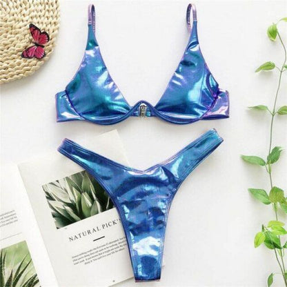 Women Swimsuit V-bar Underwired Ribbed Thong Swimwear Two-pieces Bikini Push Up