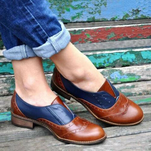 Womens Brogues Wingtip Round Toe Slip On Low Heel Dress Retro Oxfords Shoes