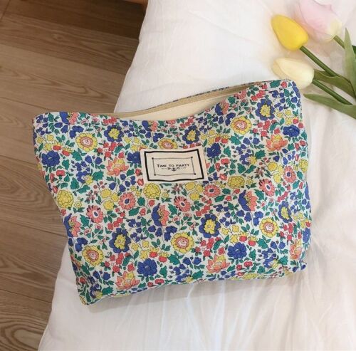 Floral Makeup Bag Large Cotton Fabric Cosmetic Traveling Case Storage Organizer