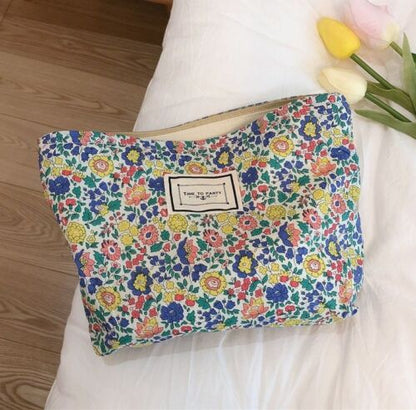 Floral Makeup Bag Large Cotton Fabric Cosmetic Traveling Case Storage Organizer