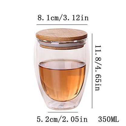 Double Glass Cup Coffee Mugs Tea Cup Tea Set Transparent Heat-resistant Wood Lid